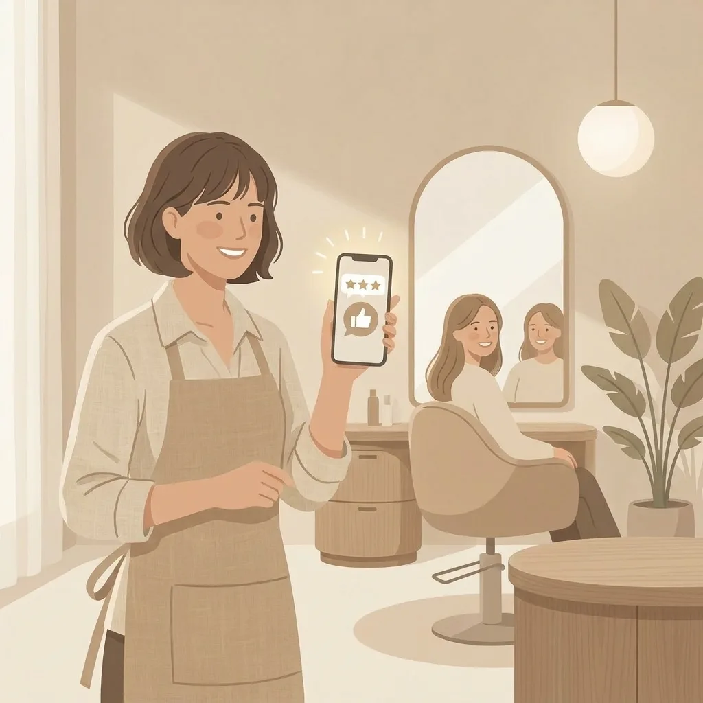 Coiffeuse dans son salon avec son téléphone affichant l'application Kudozio